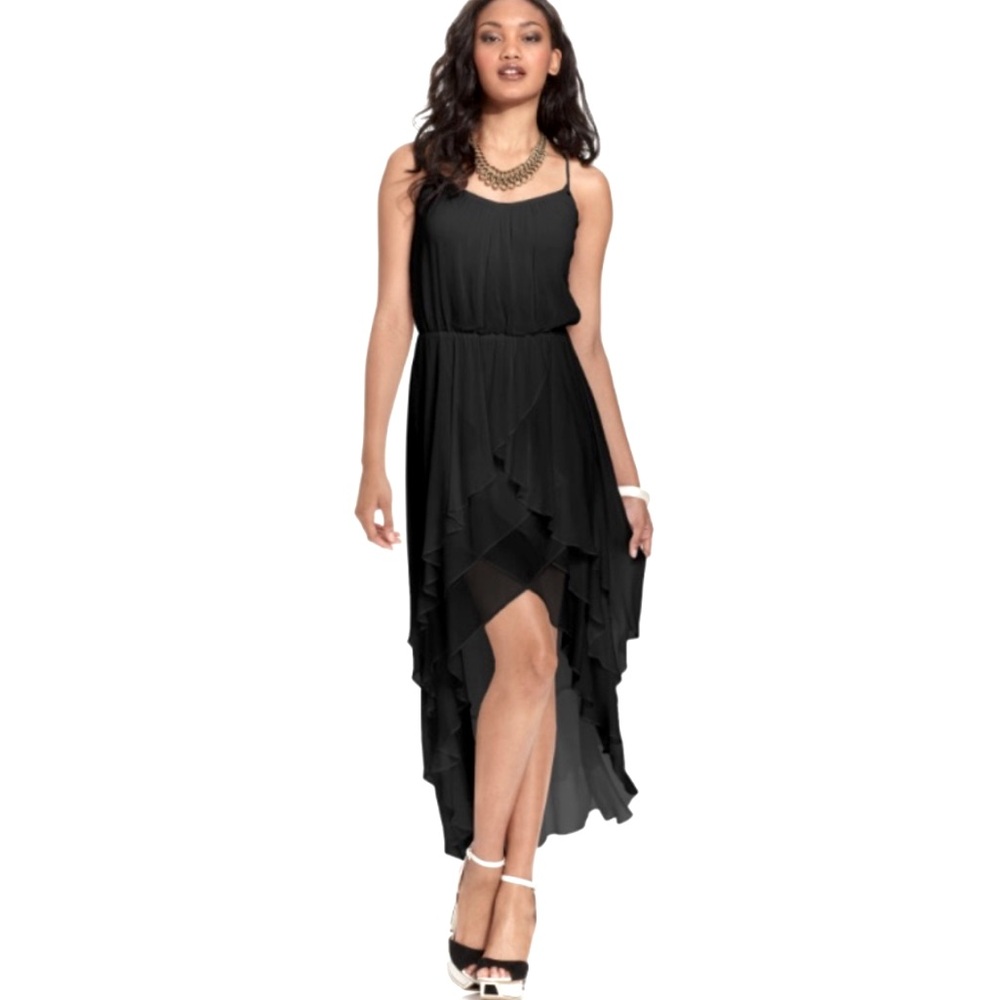 GUESS Maxi Dress Black Ruffled high-low hem Asymmetrical Chiffon size XS